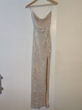 Sequined Cowl Neck Evening Gown in Champagne